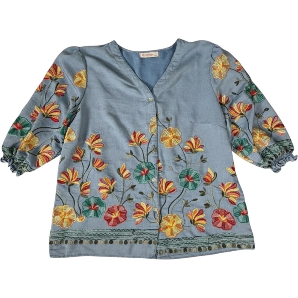 Ana & Rose Blouse Women Large Blue Excellent Embroidered Floral Button Up